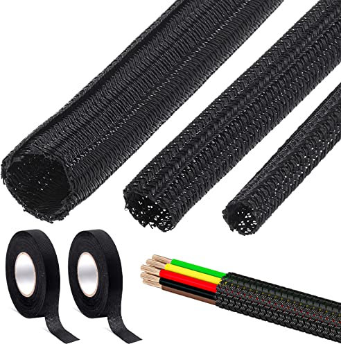Tanstic 5 fundas de cable trenzadas de 3/4 + 1/2 + 1/4 pulgadas con cinta de arnés de alambre, cable protector de cable de alambre tubular, manga dividida para ordenador, cable de audio y vídeo USB
