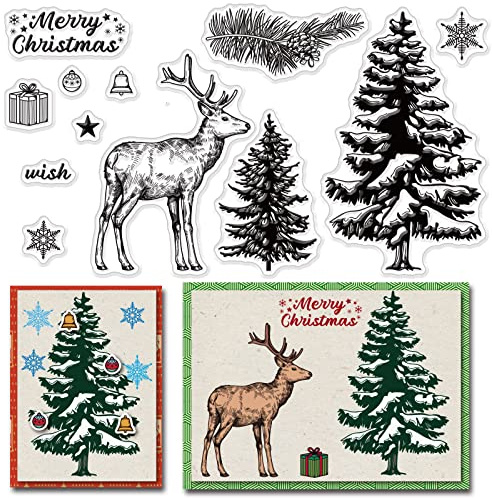CRASPIRE Christmas Clear Stamps Christmas Pine Tree Elk Snowflake Silicone Stamp Seal Transparent Rubber Stamps for Christmas Card Making Decoration DIY Scrapbooking Embossing Decor Craft