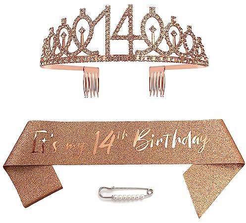 14. Geburtstag Schärpe Und Tiara, Krone 14 Roségold Kristall Geburtstagkrone Set,Rose Gold Geburtstagskrone Schärpe Deko Birthday Crown für Mädchen Frauen Birthday Party Accessoires