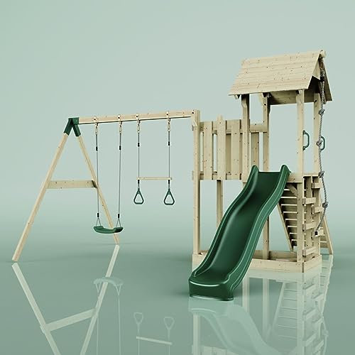 Rebo Spielturm mit Wellenrutsche, Kinder-Schaukel und Trapezstange | Outdoor Klettergerüst Garten mit Plattform | Kletterseil und Kletterleiter | Stabile Konstruktion