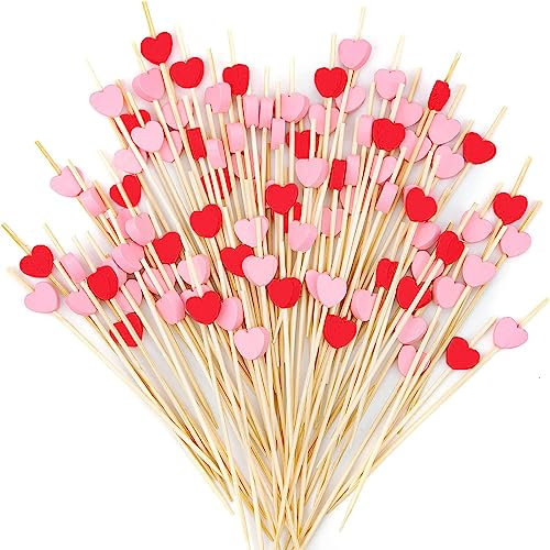 200 Stück Cocktail Picks Holz, BetterJonny Herzförmige Cocktailspieße Handgefertigte Obst Sticks Holz Fingerfood Partypicker Bambus Zahnstocher mit Deko für Fingerfood Grillgut Obst, Rosa Rot