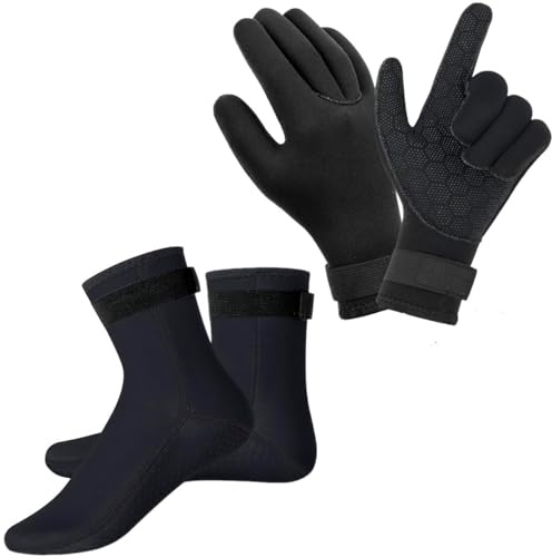 Wsobue 3mm Neoprene Gloves and Socks, 3mm Thermal Diving Gloves and Socks with Adjustable Waist Strap, Flexible Wetsuit Glove and Sock, for Diving, Surfing, Kayaking Rafting (M (Glove+Socks))
