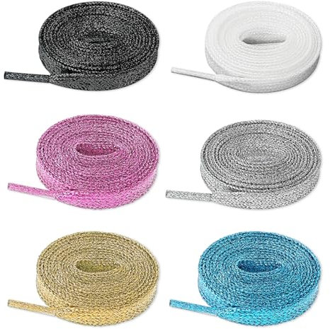 Teaaha 6 Pairs Glitter Shoe Laces Multicolor Elastic Stretchy Shoelaces 43 Metallic Glitter Solid Colors Flat Shoelaces for Sneakers Skate Boots Sport - One Size Fits All