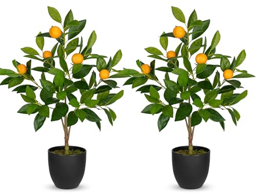 2Ft Artificial Orange Trees, 2 Packs Large Artificial Plants Indoor with Black Pots Faux Potted Citrus Trees Fake Floor Plants Lemon Decorations for Home Living Room Office, Bedroom Table, Desk