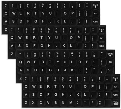 Keyboard Stickers, 4 Pcs Universal Keyboard Letter Stickers Laptop Keyboard Letters Replacement Stickers English Matte Black Background and White Lettering Stickers for Computer Laptop Desktop
