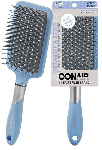 Conair Cepillo para desenredar y peinar, cepillo desenredante, ideal para todo tipo de cabello, cojín de pala, mango suave al tacto, azul cielo
