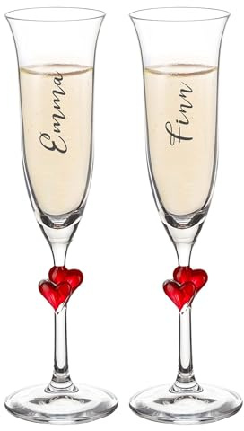 Set di 2 bicchieri da spumante con cuori rossi sul gambo, regali di nozze, bicchieri da spumante personalizzati con incisione, bicchieri da champagne con impronta digitale, cuore, flauti da spumante