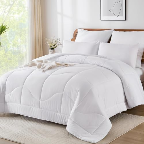 Guchuang Bedding Coverless Duvet King Size 10.5 Tog-Reversible Comforter for All Seasons-Lightweight Down Alternative Comforter (White,King)