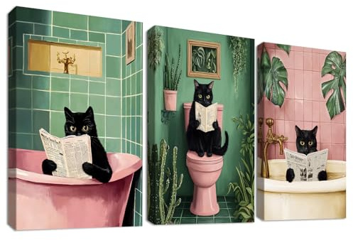 HALFLEMART 3Pcs Stampa su tela Con Cornice Divertente Gatto Nero Pittura Rosa Verde Piante Gattino che fa il bagno Quadri su tela Quadri Moderni Bagno Vasca da Bagno WC Stampe da Parete 50x70cm x3