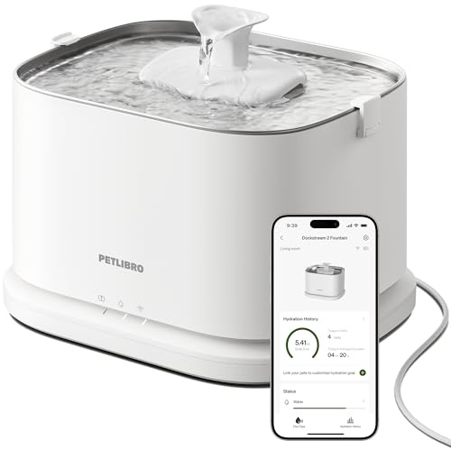 PETLIBRO Dockstream 2 Fuente Agua Gatos, Bebedero Automático App WiFi, 23dB Silencioso, Fácil Limpieza, 3L Acero Inoxidable, sin BPA — Versión Cable Alimentación, Blanco