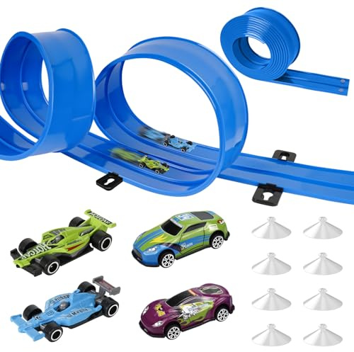 Rennbahn Kinder 3 Jahre, Cars Spielzeug, Autorennbahn (4.5 m), Autobahn Kinder 3 4 5 6 Jahre, mit 4 Leichtmetallfahrzeuge Aufbewahrungstasch, Geschenke für Jungen und Mädchen, Blau