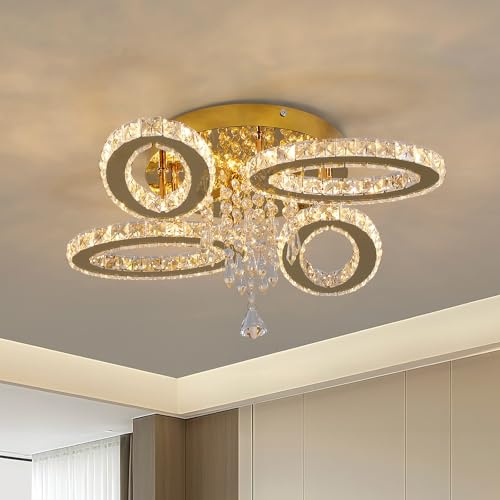 VETRULUS Lampadario Moderno in Cristallo LED a 4 Ovali Oro, Plafoniera a Filo Soffitto con Illuminazione a Tre Colori per Camera da Letto, Cucina, Sala da Pranzo, Soggiorno