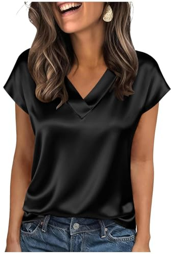 Hauts en satin de soie pour femmes, chemisiers à manches courtes en mousseline de soie, chemises à col en V, couleur unie, t-shirts de bureau, Blouses en satin noir pour femmes, XXL