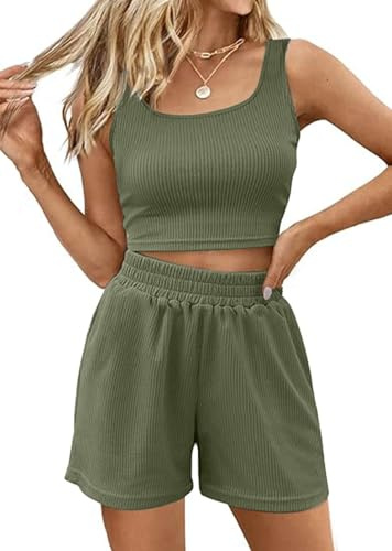 Yutdeng Tuta Donna Completo 2 Pezzi Tuta da Ginnastica Canotta Top Slim Fit Senza Maniche e Pantaloncini a Vita Alta con Tasche Elegante Tuta da Casa Completa Estiva Casual per Yoga Sport,Verde,XL