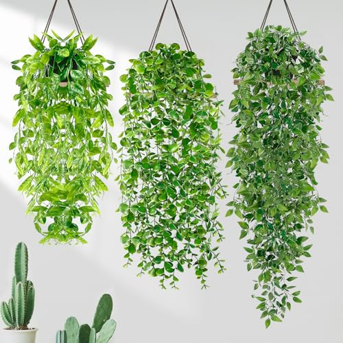 MZJAUVF 3PC Piante Finte da Interno Cadenti, Pianta Finta Cadente con Vasi, Piante Artificiali da Interno, Edera Artificiale Cadente 55-90cm, piante pendenti finte per Balconi, Giardini, Soggiorno