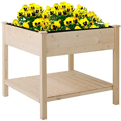 Outsunny Letto per Orto Rialzato, Orto Urbano Pensile Tavolo Porta Piante con Fodera in Tessuto per Giardino, 91x91x81cm, Legno