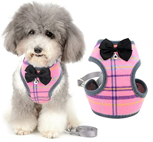 Zunea Harnais et Laisse pour Petit Chien Anti Traction avec nœud Papillon et Cloche de sécurité pour Chiot Chihuahua Yorkshire, Anti-Fuite Reglable Harnais pour Chats/Chaton Rose L: