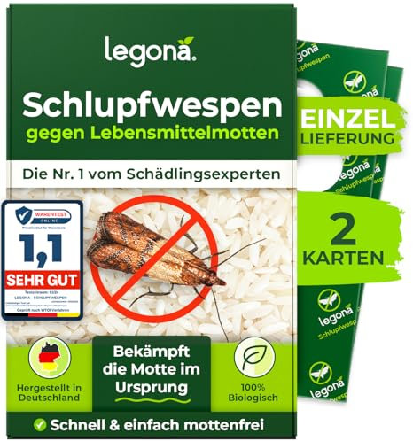 Legona Schlupfwespen gegen Lebensmittelmotten – 1 Lieferung mit 2 Träger – Mottenschutz für Küche und Vorrat – Alternative zur Mottenfalle