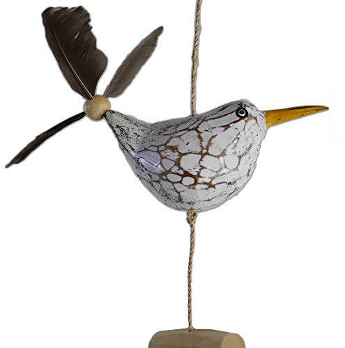 ART-CRAFT Carillón de viento de gaviotas con hélice de plumas con 1 decoración de gaviota + 2 plumas de repuesto, figura de animales de madera como decoración marítima, decoración de balcón o como