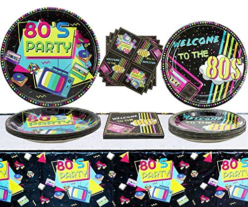 Hegbolke 80s Party Supplies - Juego de 61 platos y servilletas de los 80, para decoraciones de fiesta de los 80, suministros de fiesta de cumpleaños temáticos de los 80 - Sirve 20