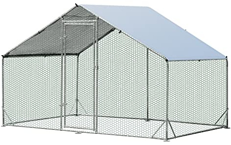 GYMAX Walk In Chicken Coop, Large Spire-Shaped Hen Poultry House with Waterproof and Sun Protection Cover, Galvanized Rabbits Habitat Cage for Backyard Farm (300 x 200 x 195 cm)
