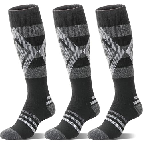 Welwoos Merino Wool Ski Socks for Womens Mens Thermal Heated Winter Warm Thick Knee High Gift Sock Stocking Fillers for Skiing Outdoor Sports Snowboarding 3 Pairs (Diamond Black,M)