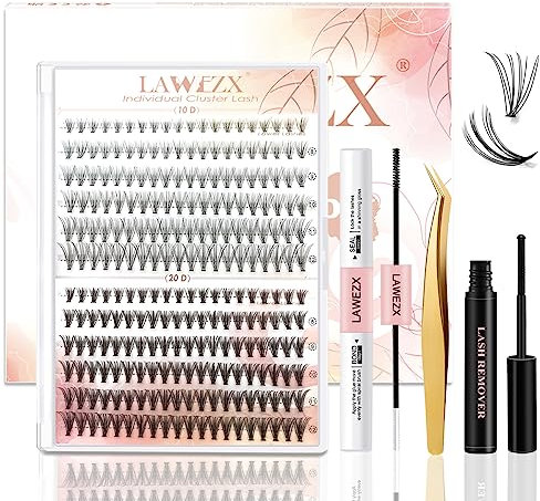 Kit de Extensión de Pestañas LAWEZX 240Pcs Extension de Pestañas C Curl 10D+20D 8-12mm Pestañas Postizas Individuales DIY con Unión y Sello de Pestañas y Removedor de Pegamento de Pestañas y Pinzas