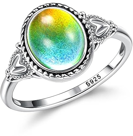 Morfetto Sterling Silver Mood Rings for Women - Vintage Handmade Victorian Oval Solitaire Ring with 18K White Gold Plated Color Change Stones