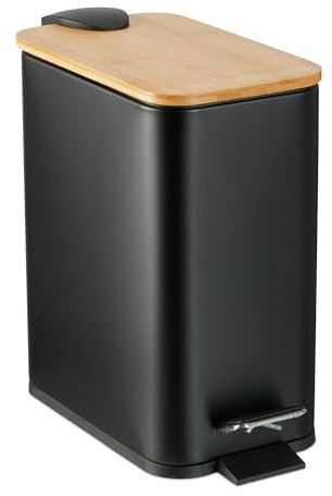 Relaxdays 5 L Pattumiera Bagno a Pedale, Cestino Cosmetici con Cesto Interno Rimovibile, Bidone in Ferro, bambù, Nero