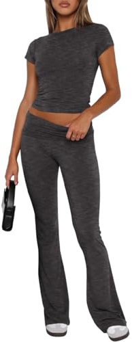 ROFUSSO Set Estivo Da Donna in Due Pezzi Per il Relax Top a Manica Corta Slim fit e Pantaloni Flare da Yoga Tuta da Ginnastica Per il Tempo libero Set di Abbigliamento Sportivo Per il Fitness