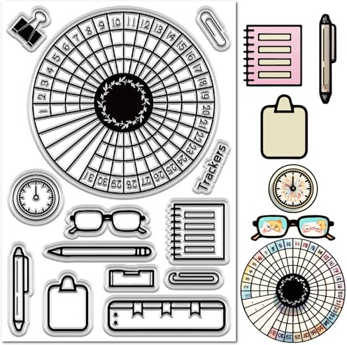 CRASPIRE Sello Transparente de Silicona con Clip para Seguimiento de Hábitos Reloj Cuaderno Gafas Bolígrafo Calendario Gráfico Circular Sellos Transparentes para Llevar Un Diario Hacer Tarjetas
