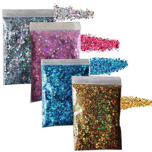 KARLOR Glitter Puder Makeup, 4 x 30 g glitterpulver ansikte kropp nagel laser glitterpulver för pyssel nagelkonst glitter pyssel, silver guld rosa blått glitterpulver för nagelansikte body hår