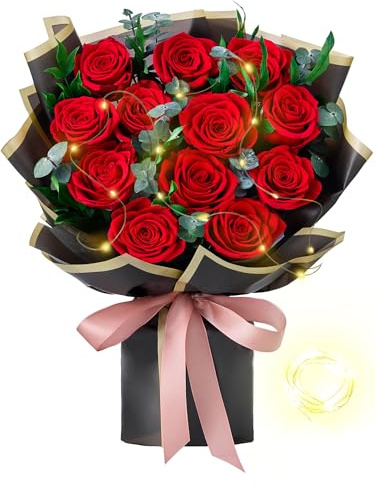 Mosstory Flower Bouquet 12-Piece Red Preserved Roses Bouquet with Led Lights Gift for Women Wife Mother Day Wedding Anniversary Birthday (Black)
