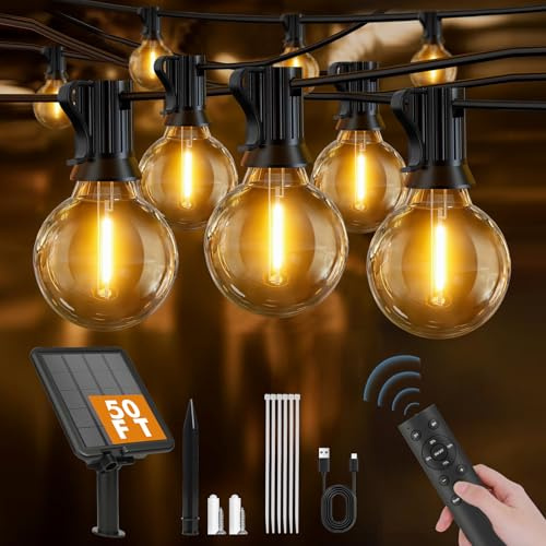 Solar String Lights Outdoor Garden- 15M Shatterproof & Waterproof G40 LED Bulbs, Remote Control w/4 Dimming, Festoon Lights with 3 Light Modes & Timer for Garden, Gazebo, Patio, Christmas Décor