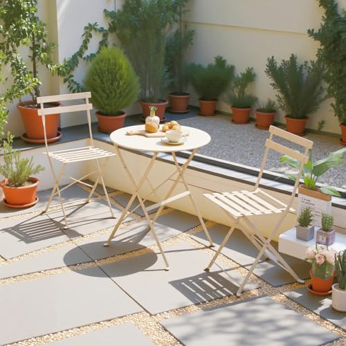 GOKHOMX Ensemble Table Balcon Ronde et 2 Chaises Pliante, Table de Balcon Bistrot Pliante avec Chaise Salon de Jardin Exterieur 2 Personnes pour Balcon Terrasse Jardin, Imperméabiliser, Beige