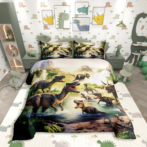 Homewish Dino Bettwäsche 135x200cm 3D Druck Realistische Dinosaurier Kinderbettwäsche Jungen Bettbezug Antiker Dschungel Ästhetik Dinosaurier Bettwäscheset Üppige Vegetation Wasserfälle Berge Bettset