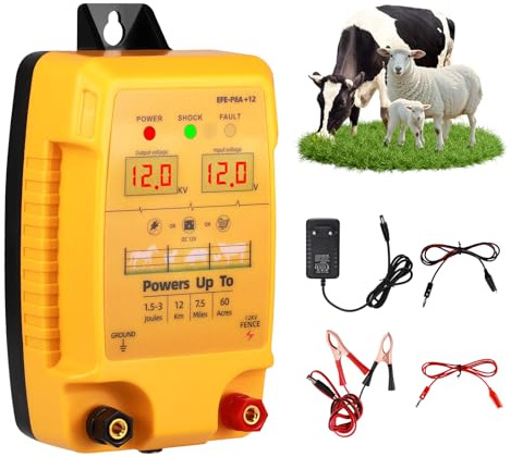 12 V Valla eléctrica para valla de pasto con indicador LED, 2 J 10 kV, resistente al agua, para 12 km de alcance, pantalla LED, valla electrónica para ganado, ovejas, aves, ganado, dispositivo de