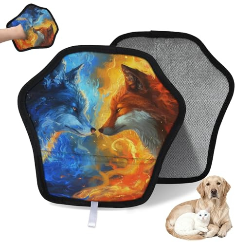 WowPrint Fire Wolf Gant d'épilation de poils d'animaux domestiques pour chat et chien - Gants électrostatiques réutilisables pour poils d'animaux domestiques - Outil de brosse pour canapé, vêtements