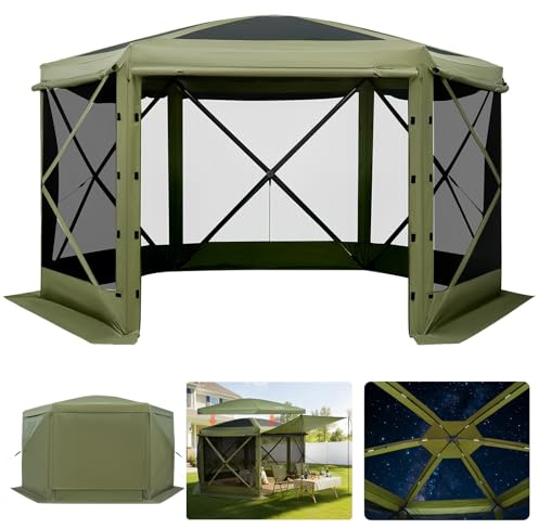 VEVOR Pop up Gazebo Screen Tent, 12 x 12 ft Large 6-Sided Camping Canopy Tent with Removable Top & Carry Bag, Quick-Set & Bite-Proof, Screen House Sun Shelter for 8-10 Persons Backyard Patio, Green