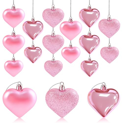 Pink Valentines Heart Shaped Ornament Christmas Heart Baubles Hanging Decor