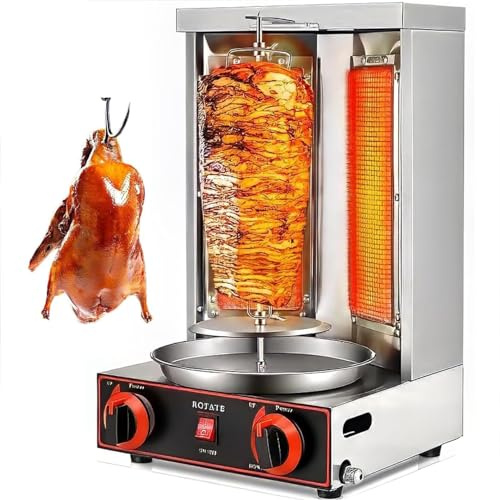 Vertikal kebabgrill i rostfritt stål 3 kW 2 brännare gasgrill i rostfritt stål 360° roterande gasolgrill med två värmerör, gasdoner kebabmaskin för kyckling, kalkon, tacos