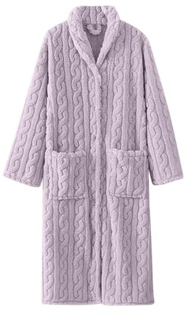 Knapphandduk badrockar för kvinnor – långärmad husklänning för kvinnor – varm vinterhusrock vinter badrock pyjamas fleece mjuk lätt rock med fickor långärmad nattlinne, Lila, XL