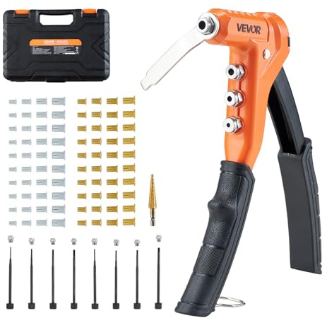 VEVOR Kit Rivettatrice per Filettati a Cricchetto da 230 mm con Sola Mano, 8 Mandrini, Punta per Trapano a Gradini e 80 Dadi, con Robusta Custodia per Il Trasporto, per Montaggi Metallici, Mobili