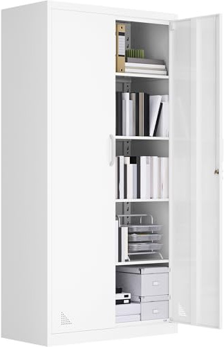 YITAHOME Armoires de Stockage en métal, Armoires verrouillables avec clés et 4 étagères réglables, 180 cm x 90 cm x 45 cm, Blanc