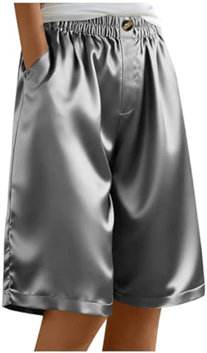 Generisch Short de sommeil en satin pour femme - Élastique doux - Pantalon court - Pantalon de pyjama décontracté - Respirant - Short de cyclisme - Short d'équitation, gris, M