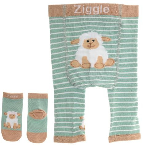 Ziggle Knitted Baby Leggings with Character Bottoms | Soft Cotton Infant Trousers for Newborn & Toddler Boys Girls | Nappy-Friendly Bottoms for Crawling & Playtime Sheep Leggings and Socks 6-12m