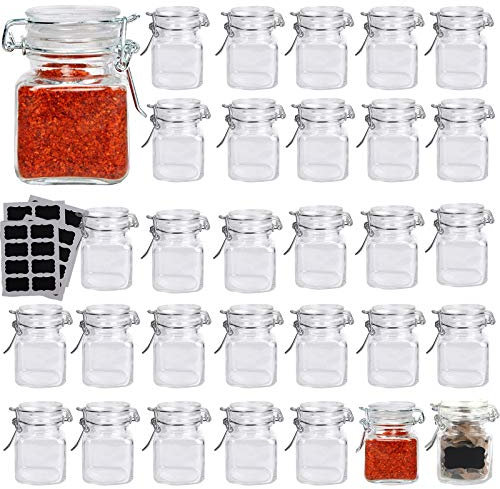 Lawei Lot de 30 pots à épices en verre Mini bouteilles à épices carrées avec joint en caoutchouc anti-fuite réutilisable parfait pour les épices