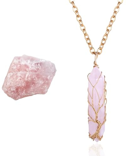 HALUKAKAH Collar de Cristal de Piedra Natural - AMOR LUNAR - Árbol de la Vida con Enrollado de Chapado en Oro de 18k Hecho a Mano, Colgantes en Forma de Hexagonal de Cuarzo Rosa y Cadena de 50cm