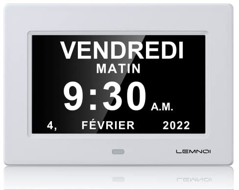 LEMNOI 7 Pouce LCD Horloge Numérique Calendrier avec Date Jour Et Heure Horloge Non-Abrégée Auto Dimming 8 Langues HD Display Rappel pour Alzheimer Les Personnes âgées et Les Enfants (Blanc)