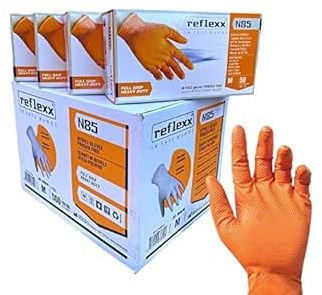 Reflexx N85, 500 Guanti in nitrile arancioni usa e getta Powergrip Senza polvere Senza lattice, struttura a diamante + 4 Guanti a Filo Continuo in 100% poliestere/poliuretano (M 500pz) + zaino work